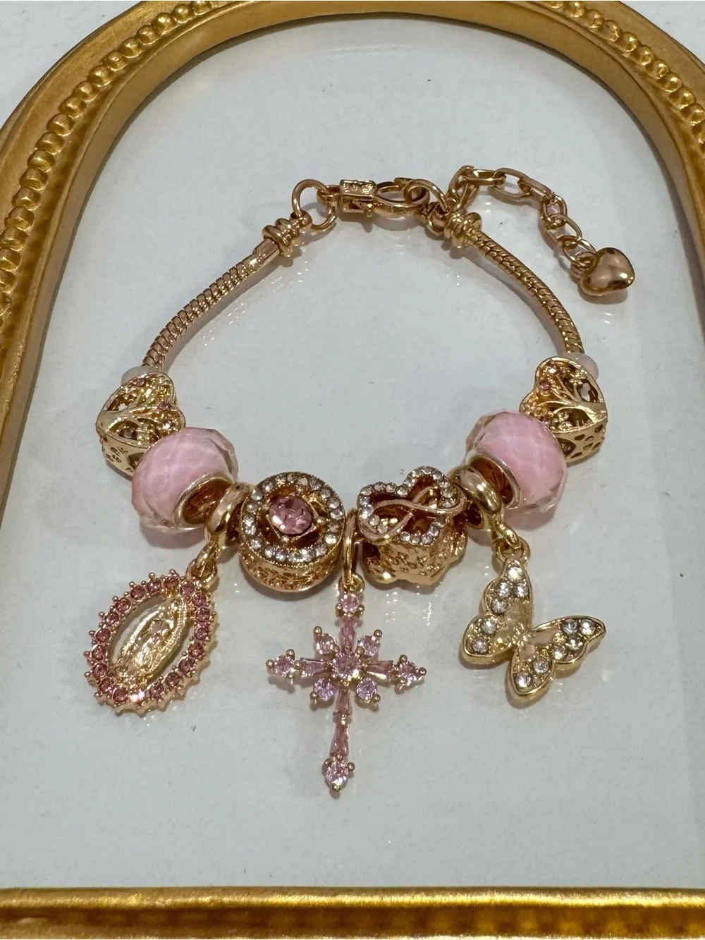 New Gold-Tone Pink Charm Bracelet with Cross, Butterfly & Heart Accents